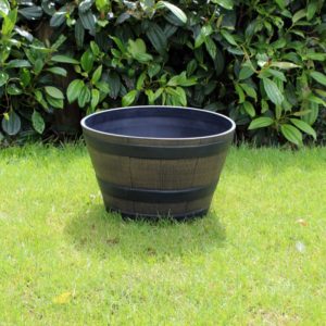 LARGE WOODEN BARREL EFFECT PLASTIC PLANTER