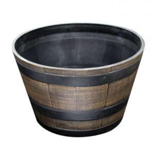 SMALL WOODEN BARREL EFFECT PLASTIC PLANTER